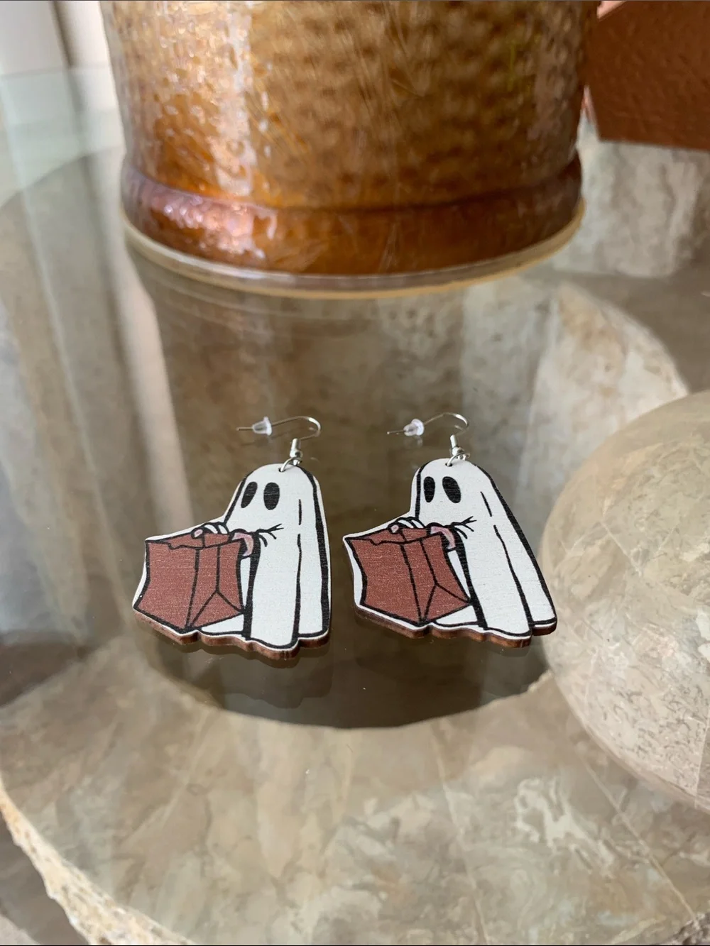 Wooden Ghost with Bag White and Brown Novelty Earrings